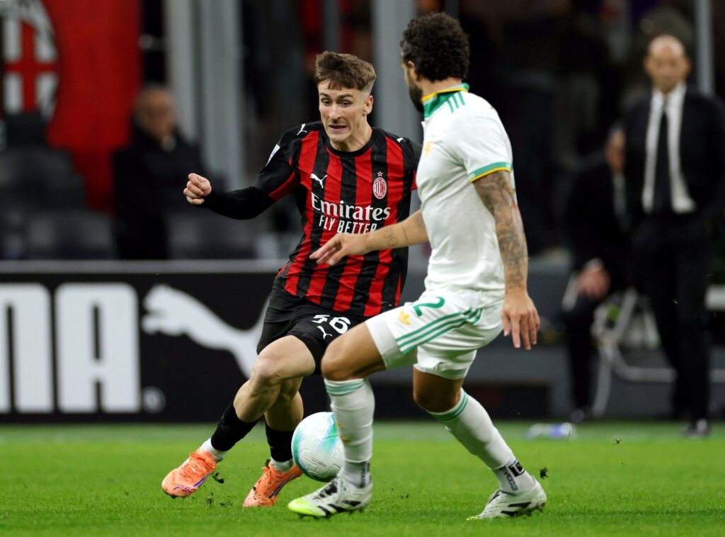 lexis Saelemaekers of Milan and Mario Hermoso of Roma in action during the Serie A AC MILAN v AS ROMA at San Siro Stadium.