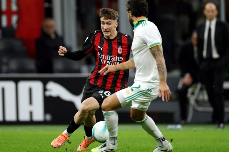 lexis Saelemaekers of Milan and Mario Hermoso of Roma in action during the Serie A AC MILAN v AS ROMA at San Siro Stadium.