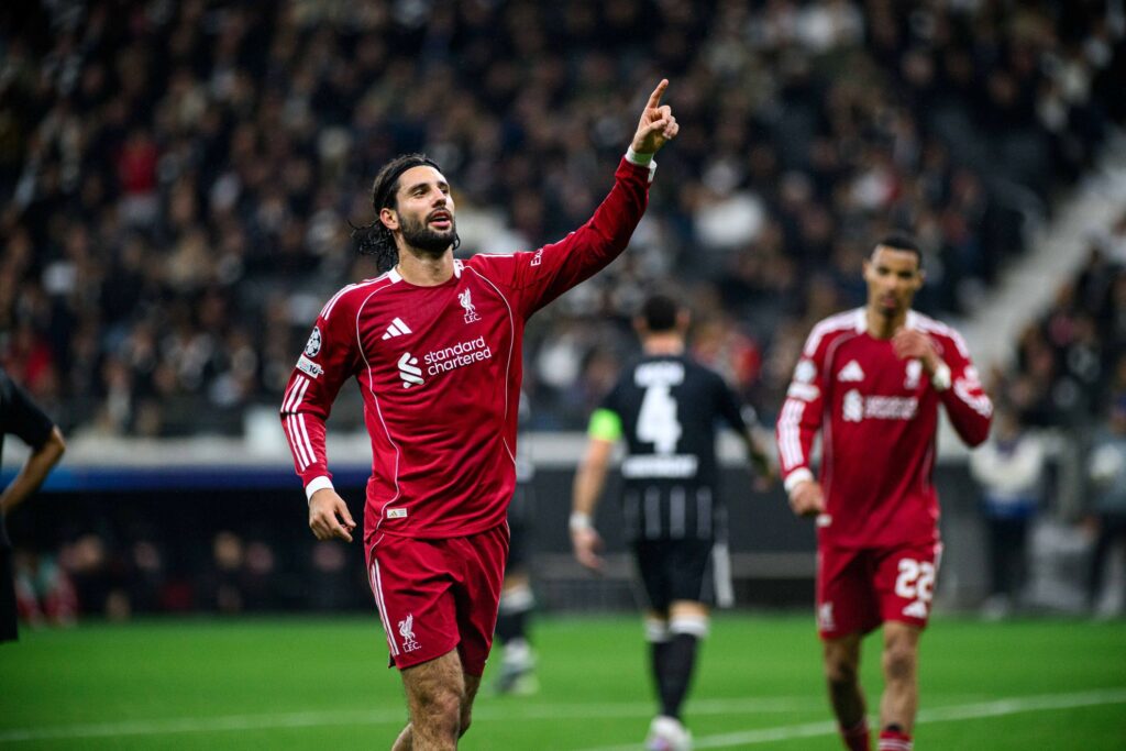Dominik Szoboszlai celebrates his goal for Liverpool against Eintracht Frankfurt in the Champions League
