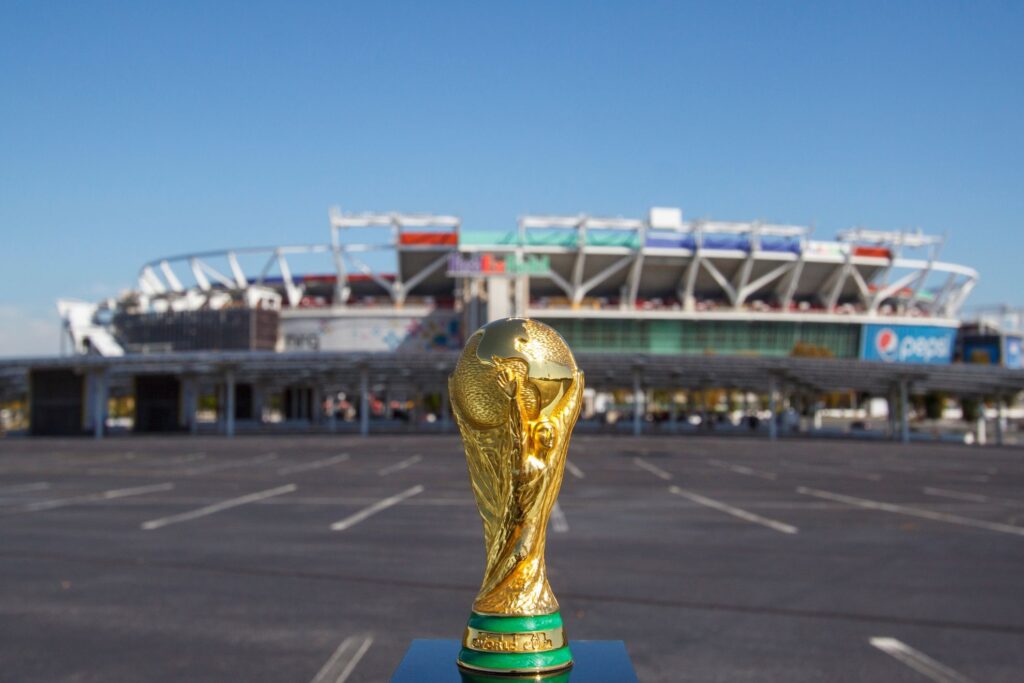 World Cup FIFA on background FedEx Field Stadium in Washington state of Maryland. FIFA World cup of football will takes in North America and South America