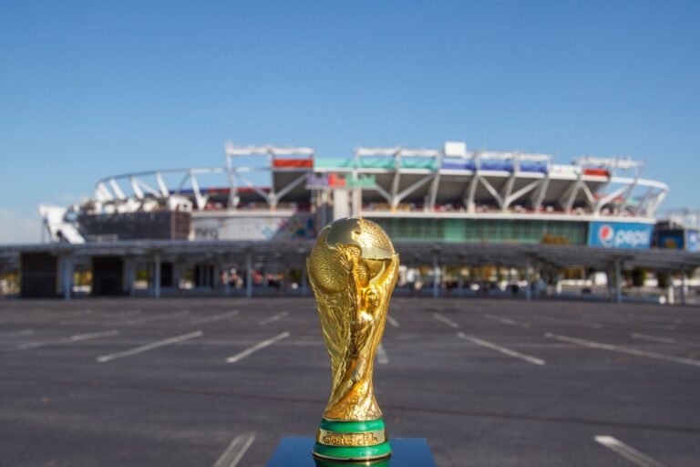World Cup FIFA on background FedEx Field Stadium in Washington state of Maryland. FIFA World cup of football will takes in North America and South America