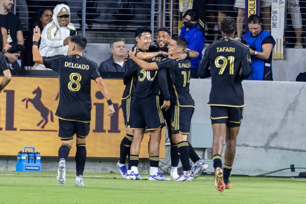Los Angeles FC's Son Heung-min #7 celebrates with team after Denis Bouanga #99