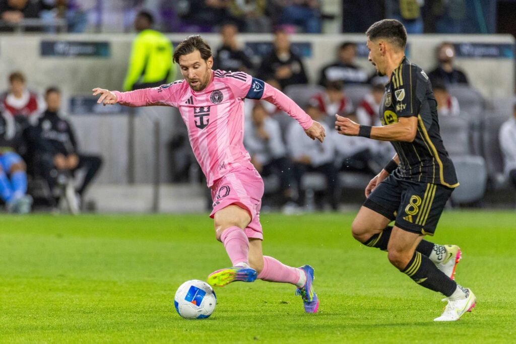 Inter Miami's Lionel Messi #10 and Los Angeles FC's Marky Delgado vie for the ball