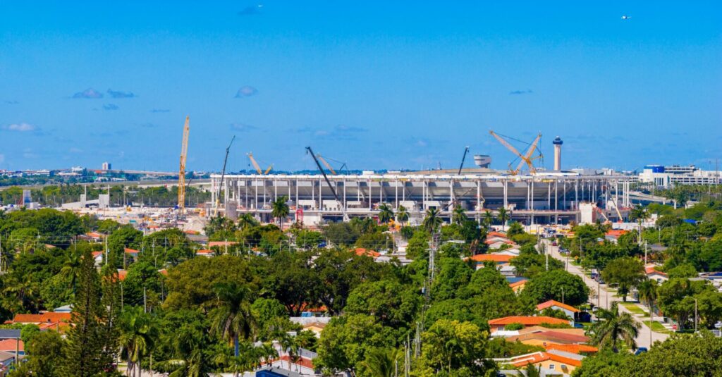 Aerial photo Miami Freedom Park which is a soccer futbol stadium by Miami International Airport