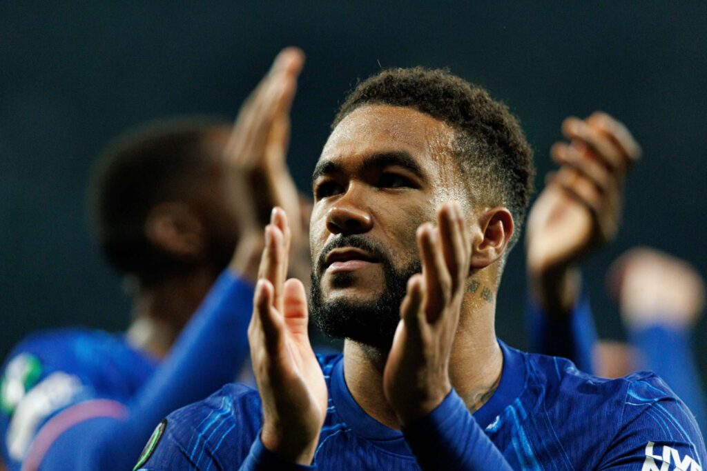 Chelsea captain Reece James applauds the fans