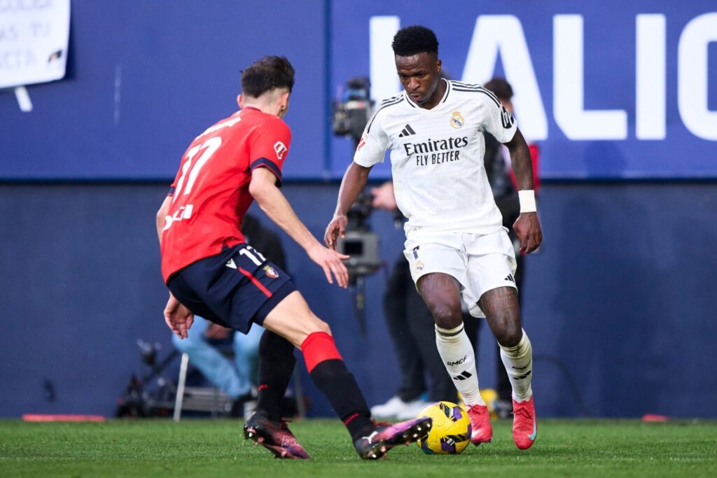 Vinicius Junior during Osasuna vs Real Madrid at the Estadio El Sadar in February 2025
