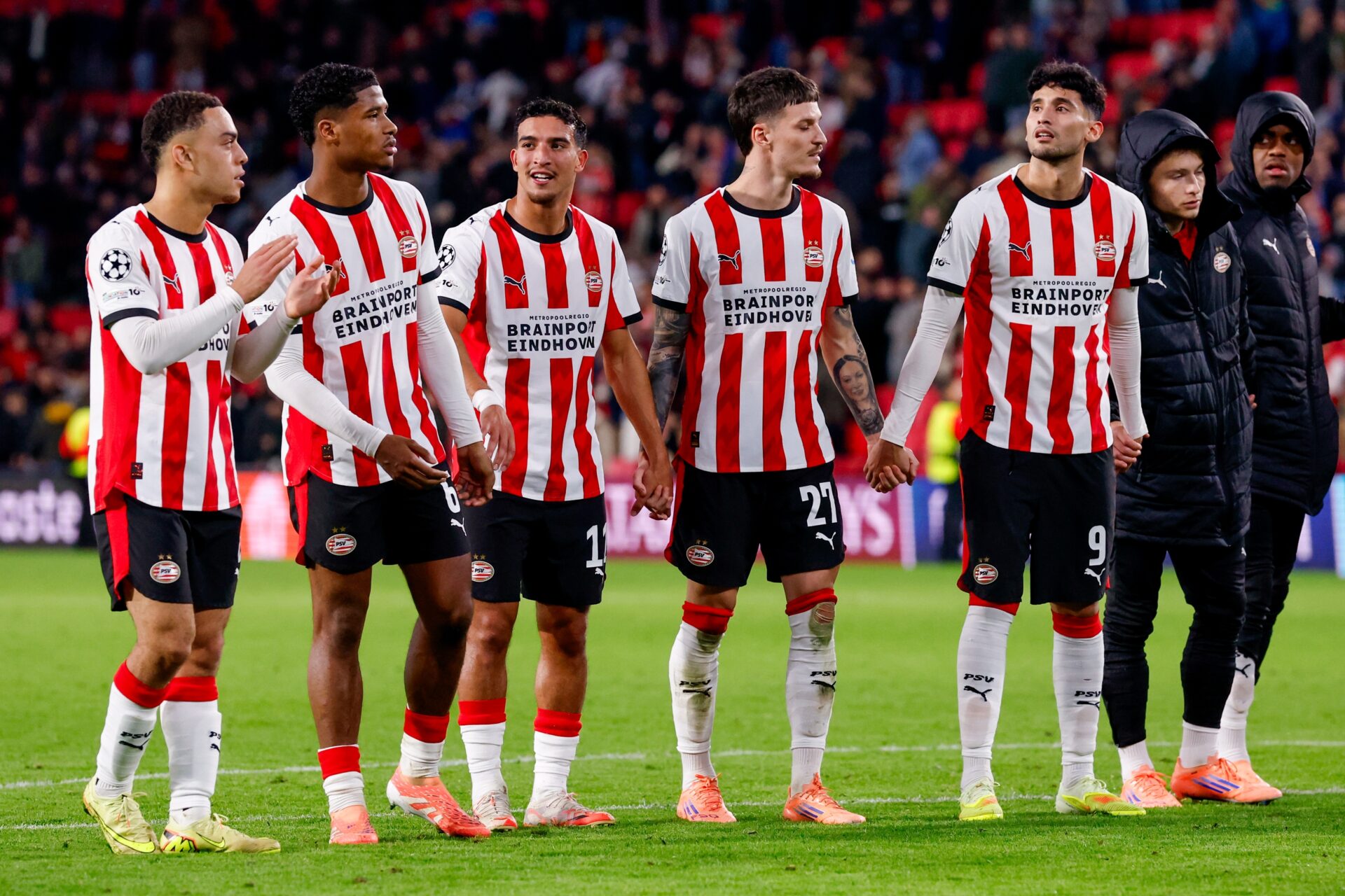 Ryan Flamingo, Couhaib Driouech, Dennis Man Ricardo Pepi of PSV during UEFA Champions League League Phase MD3 match between PSV and SSC Napoli