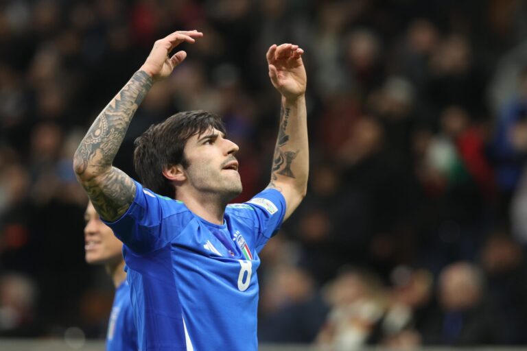 Newcastle midfielder Sandro Tonali playing for Italy