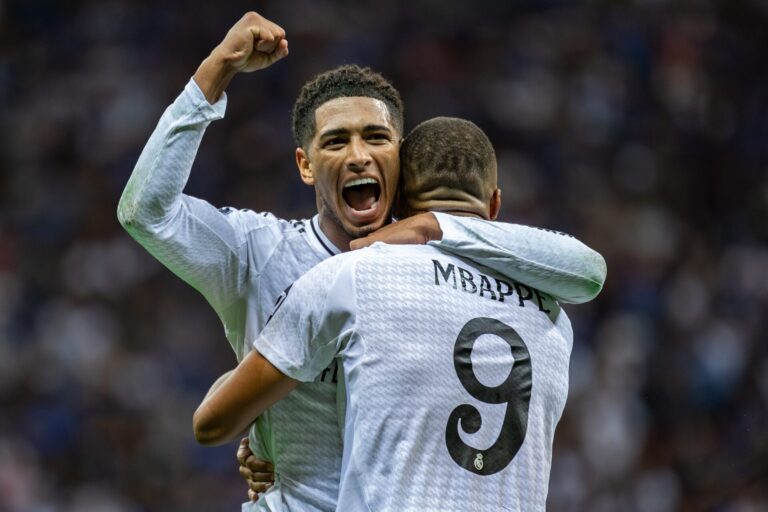 Jude Bellingham and Kylian Mbappe playing for Real Madrid