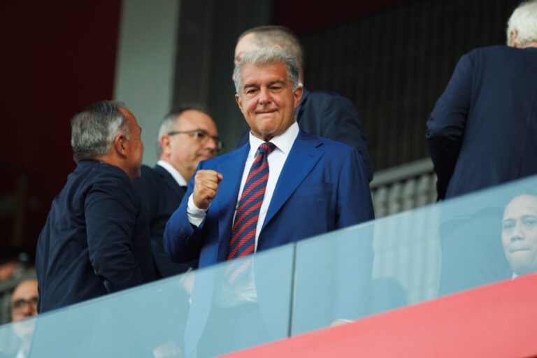 Joan Laporta celebrates from the Barcelona presidential box