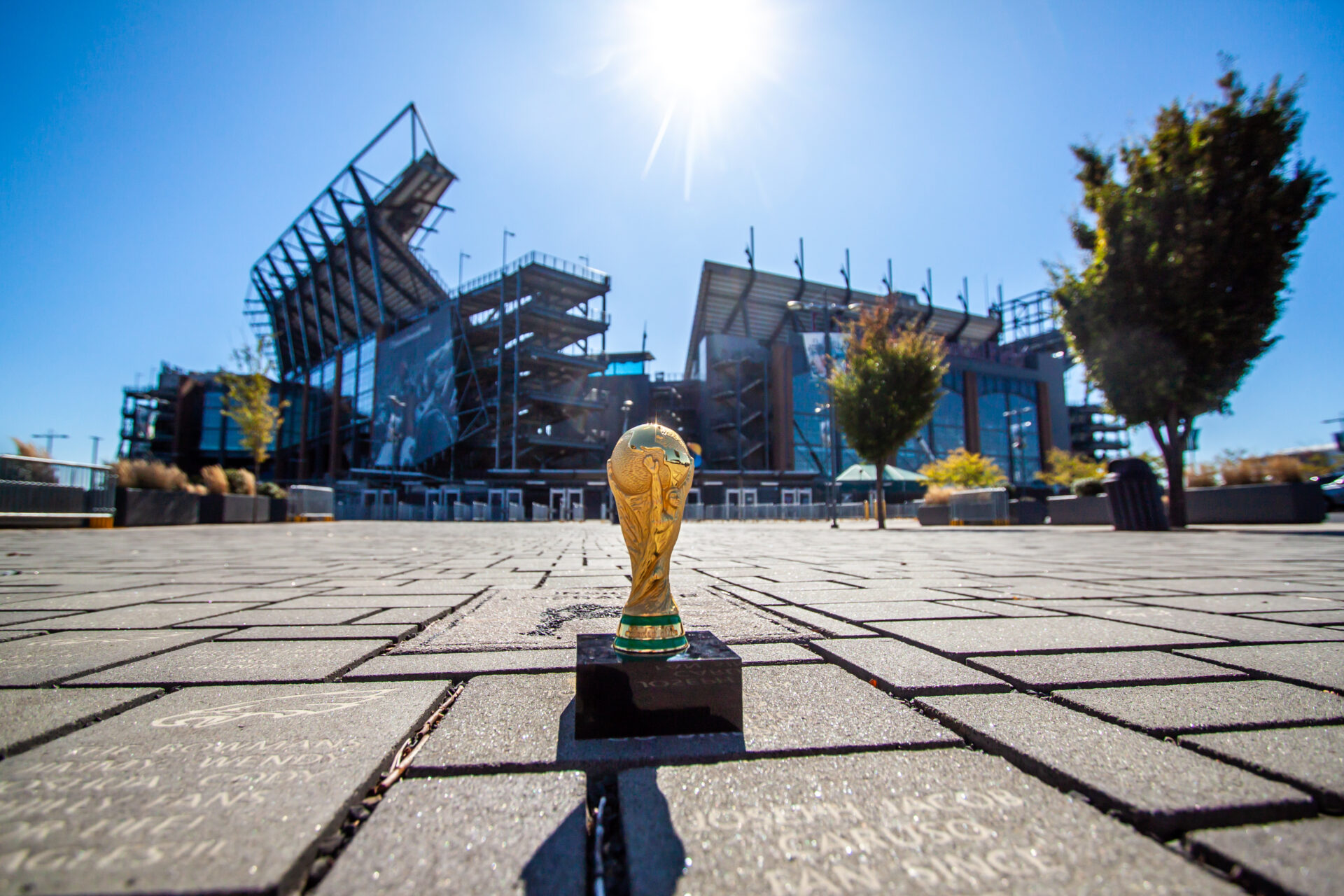Lincoln Financial Field with the World Cup trophy in the foreground