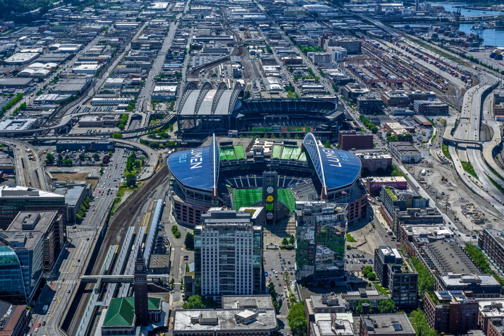 Lumen Field as seen from the sky in Seattle Washington. Photo taken on 6-19-22 in Seattle Washington.