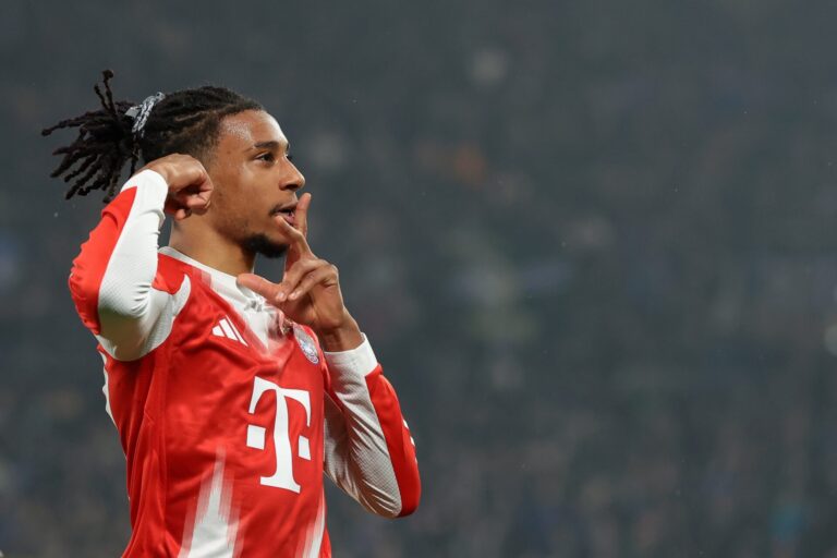 Michael Olise celebrates after scoring for Bayern Munich