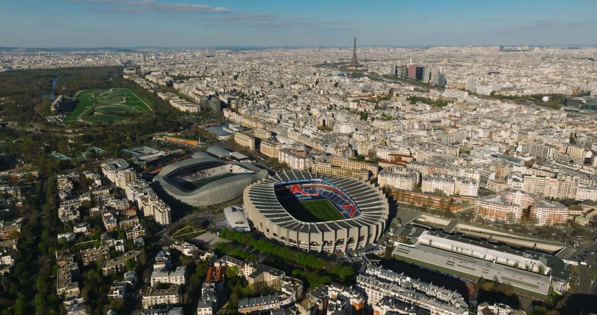 Aerial view of Paris featuring PSG stadium Parc des Princes